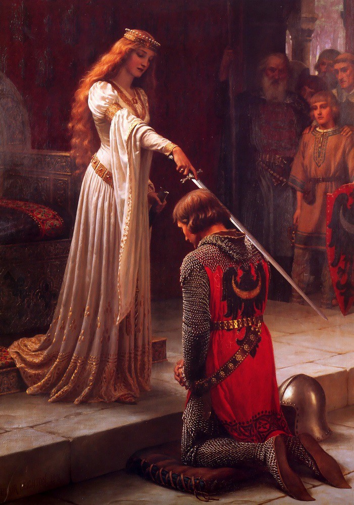 This painting depicts a woman knighting someone, an act commonly known as chivalry back in those days