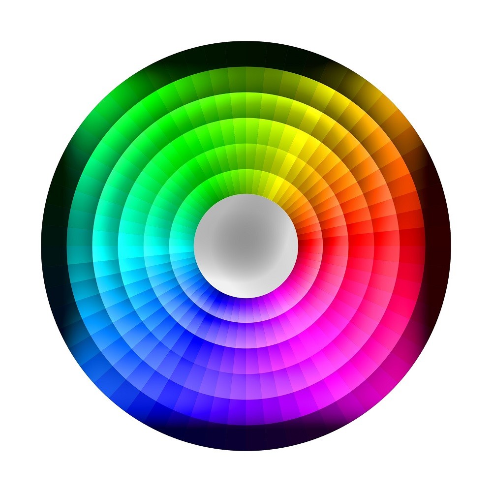 A colour wheel shows the relationship between all visible colours. This specific colour wheel also shows different hues and shades of colours with the brightest being towards the center of the wheel and darkest towards the outside of the wheel