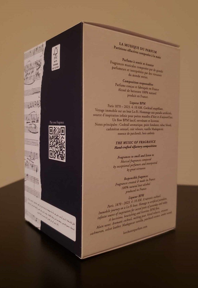 Two sides of the fragrance box are shown. One has a QR code that takes the buyer to the website while the other side contains all the information about the fragrance like what it smells like, what emotions it conveys, and information about the company that made it
