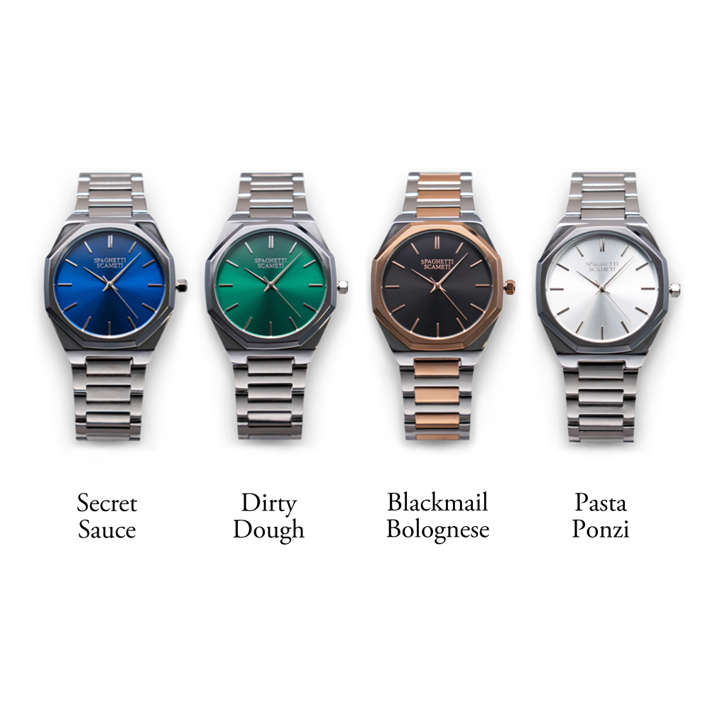 All four models of the Spaghetti Scameti iCon watch are shown. Three have silver cases (one has a blue face, one green face, one white face), and one watch is gold and silver with a black dial face