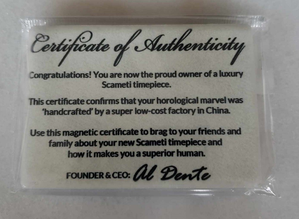 A fridge magnet congratulating someone on their purchase of their new Spaghetti Scameti iCon watch, autographed by the founder; Al Dente