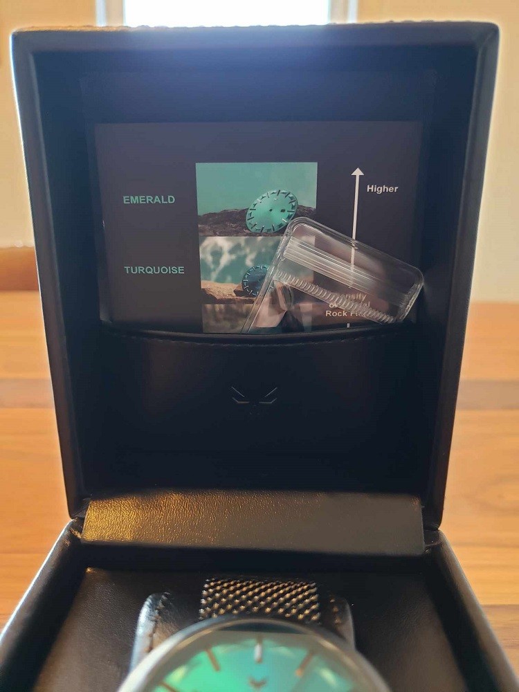 Inside of the Frank Forta watch box sits a manual and a small tool used to adjust and change the strap on the watch to a new one