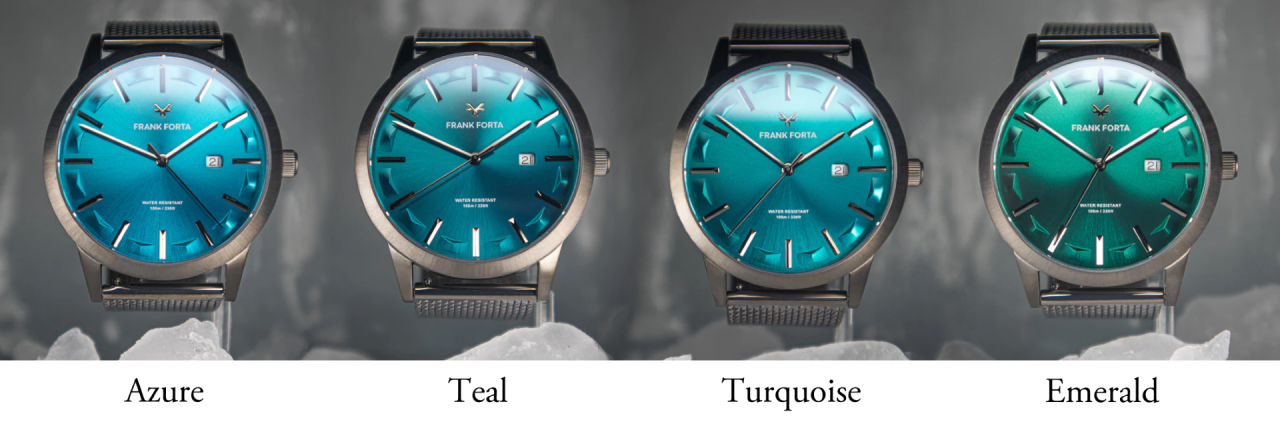 All four variants of the Frank Forta Moraine Lake collection are on display. Each one has a different shade of blue with one even being emerald green