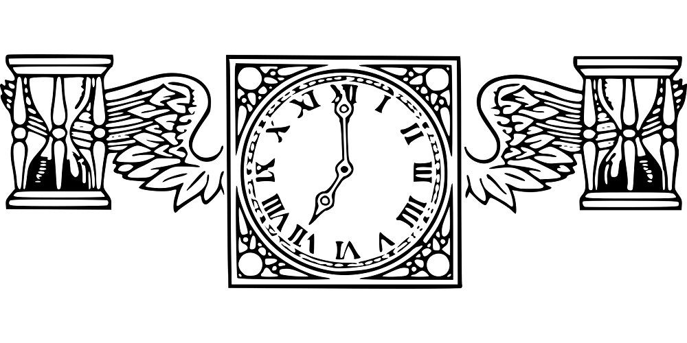 A cartoon square clock has angel wings and is flying away with two small cartoon hour glasses that also have wings