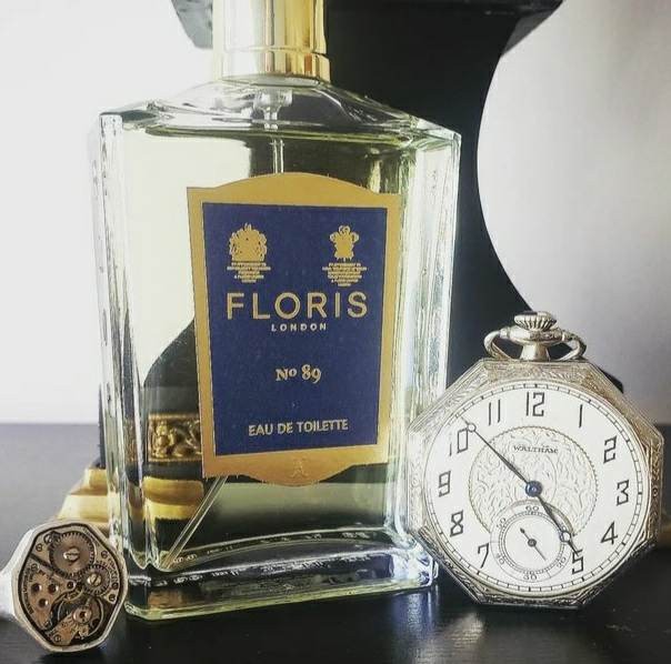 Floris No. 89 is a popular cologne. The bottle is rectangular and clear. The label is blue with gold lettering and a gold border.