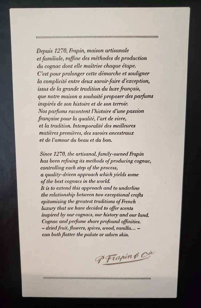 A descriptive write-up of Speakeasy by Frapin inside the box. It describes the inspiration of the scent coming from Frapin cognac and speakeasies from the 1930s