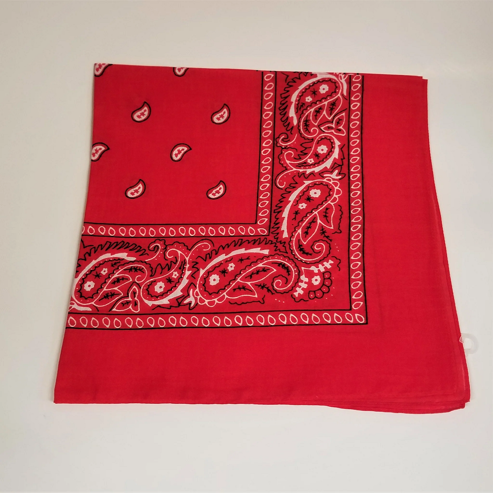 A red bandana with a simple paisley pattern