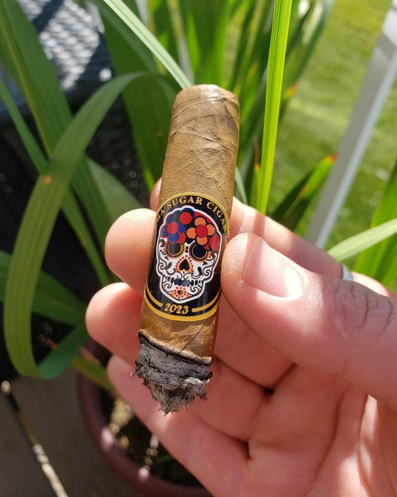 The Cha Cha Sugar cigar features a sugar skull on the band. The skull has bright red, blue, and yellow flowers on it