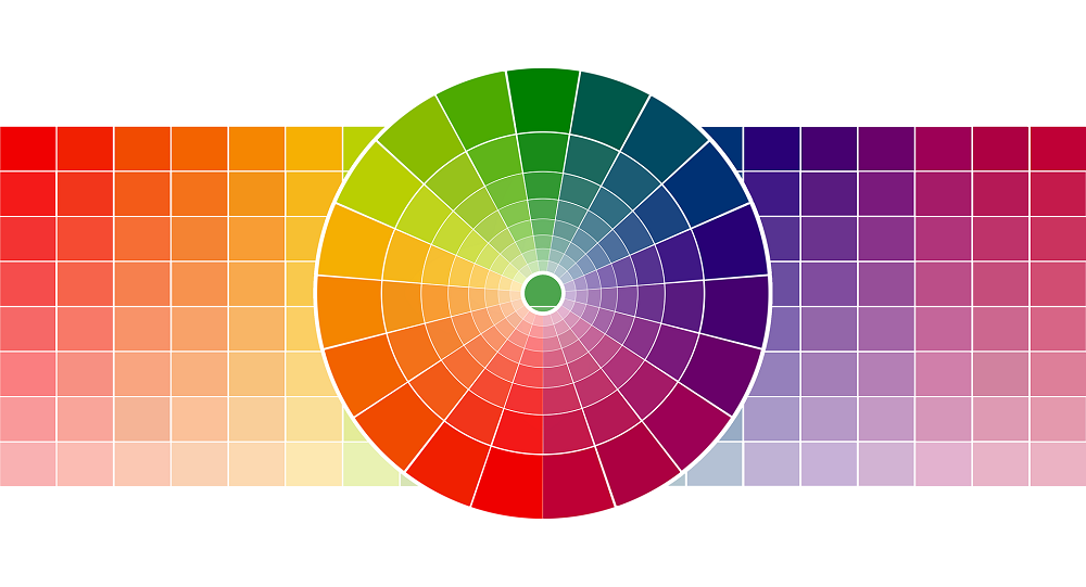 A colour wheel depicts all the different warm and cool colours with a graph showing different hues of colours like red, orange, yellow, blue, and purple