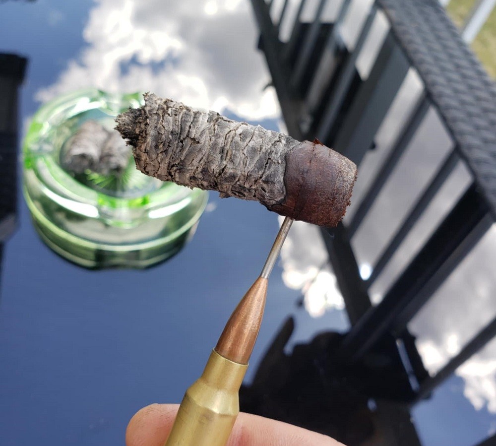 A cigar is smoked right down to the nub. There is less than half an inch left on it. It is being held by a nubber
