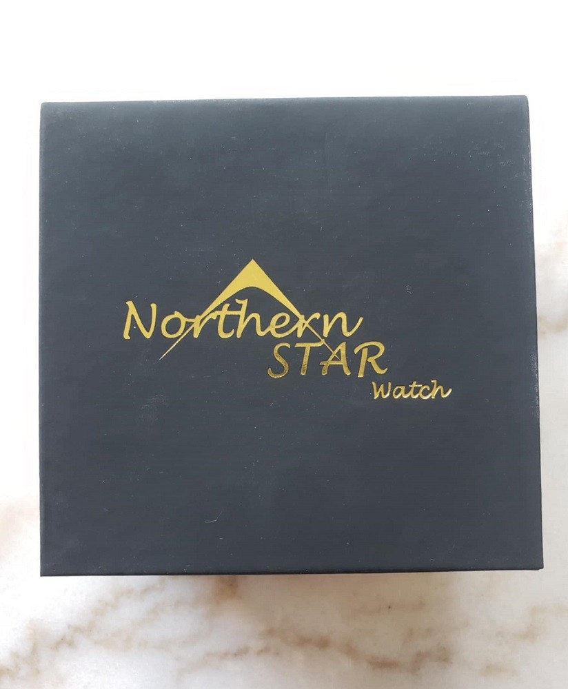 This black box is what the Sentinel watch comes in. The brands name, Northern Star Watch, is written across the middle of the box in gold lettering