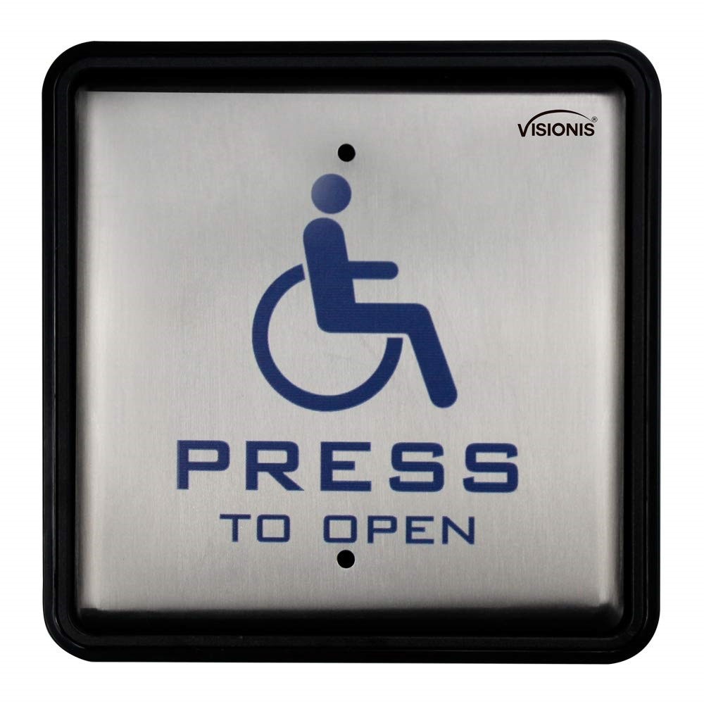 A standard square silver handicap push button with the blue man in a wheelchair with the text 