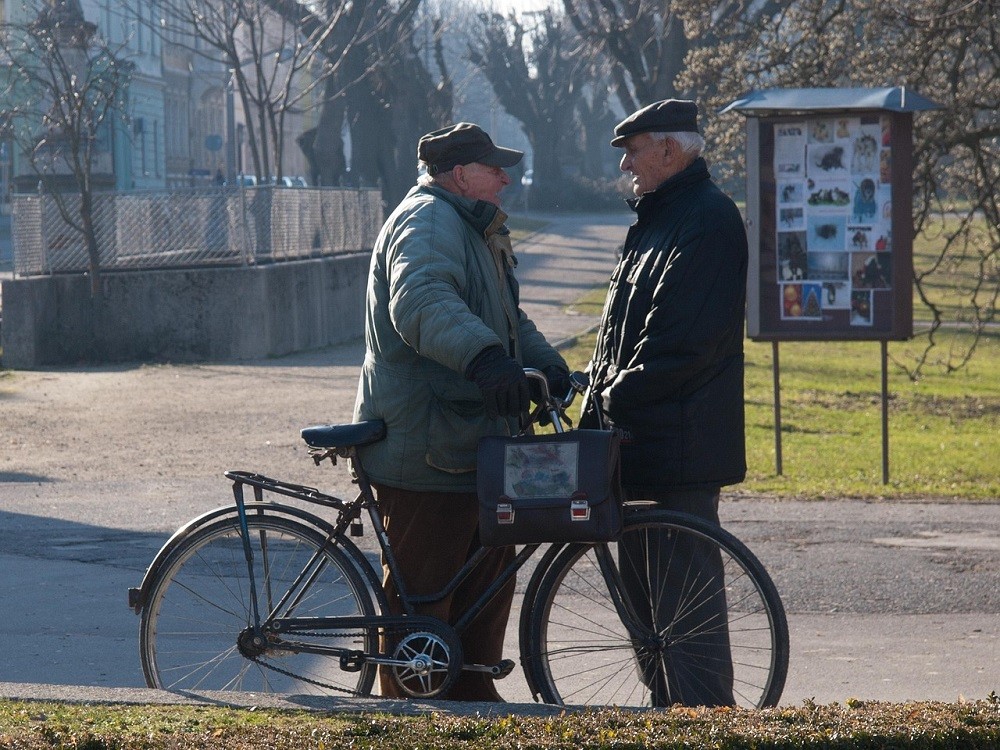 Two elderly men are having a conversation in a park