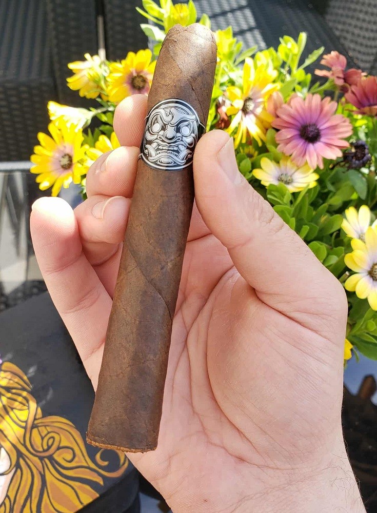 A medium brown cigar with a black and white band is held