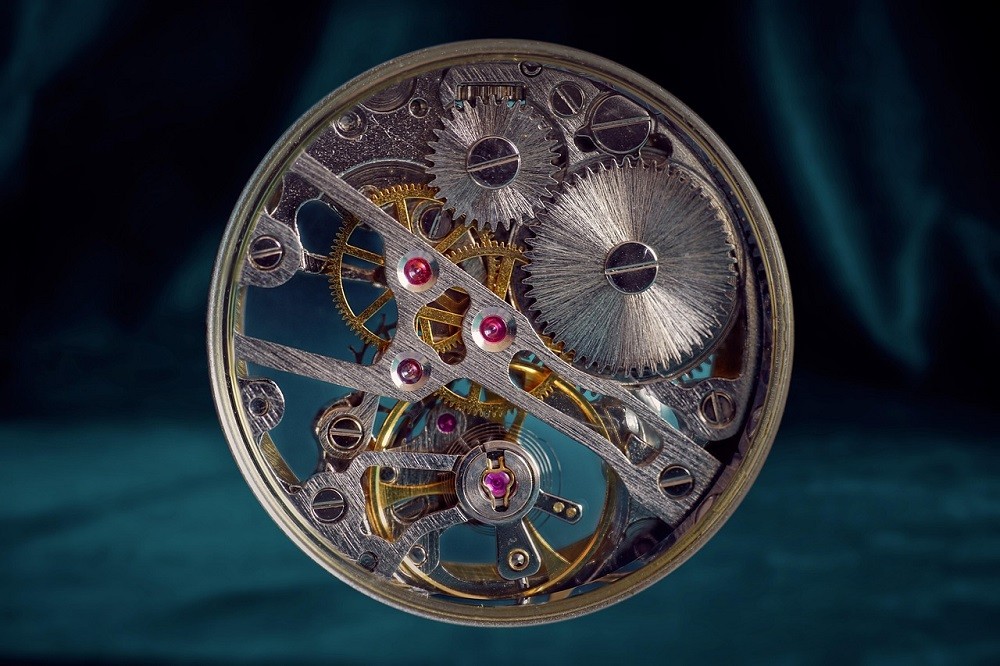 A cross-section of a watch movement showing all of the parts including gears, springs, jewels, and screws.