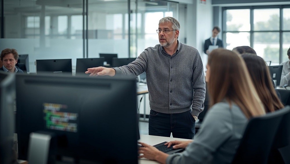 An older businessman is directing his colleagues on a project