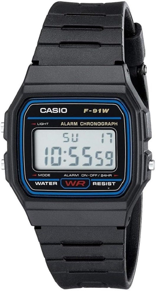 A CasioF91W digital watch stock is shown. It is almost all black rubber except for the LCD screen and light blue border around the screen