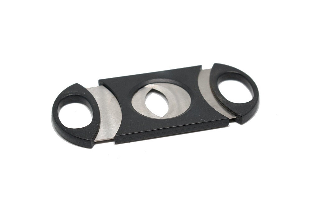 A black plastic cigar cutter with two silver blades