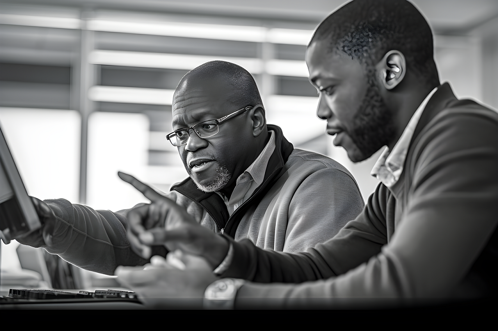 A middle-aged businessman is pointing to a graph on his laptop while a younger colleague looks at the screen