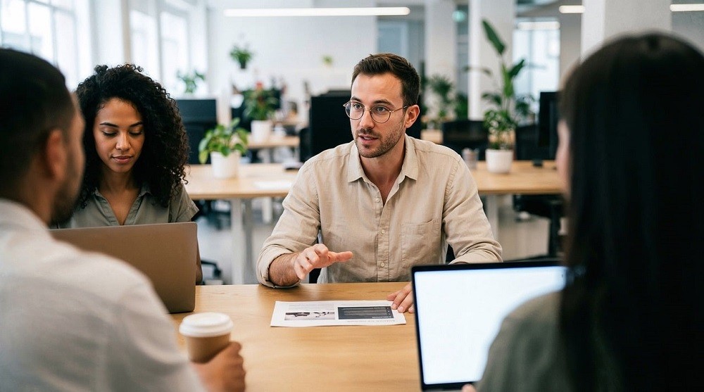 A young businessman talks sternly to a group of coworkers sitting at a table