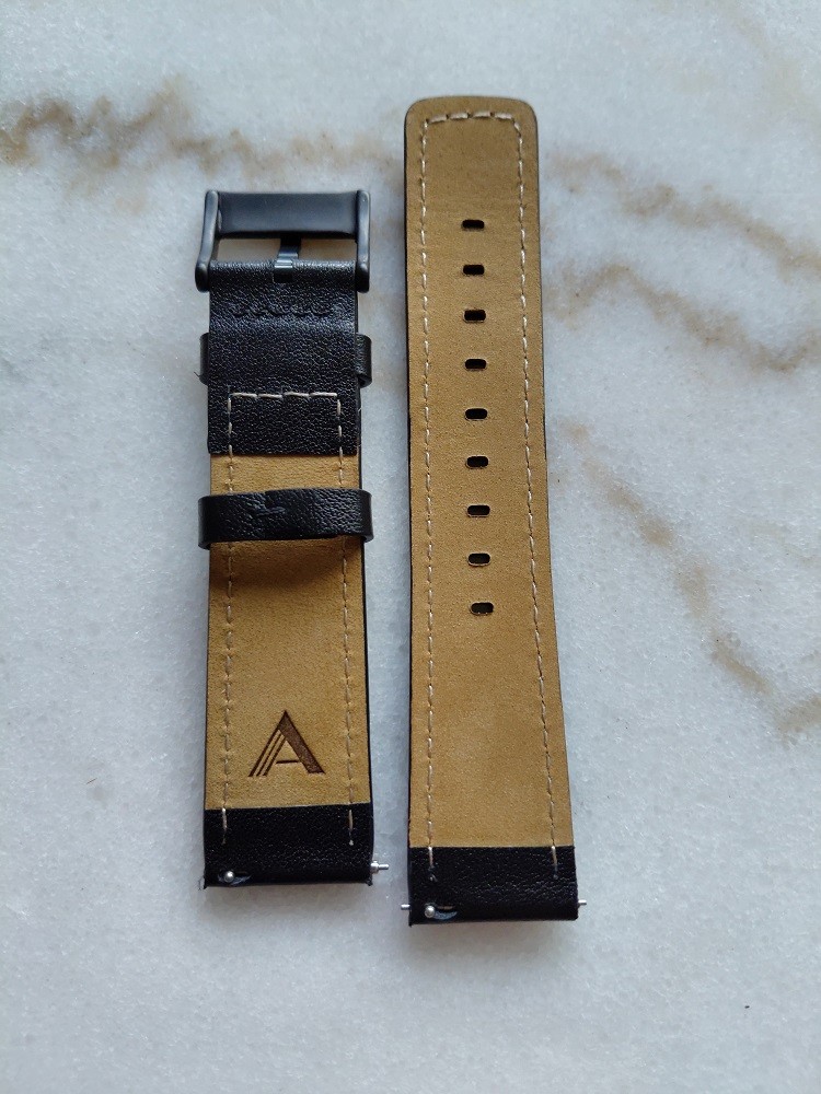 A black leather watch strap