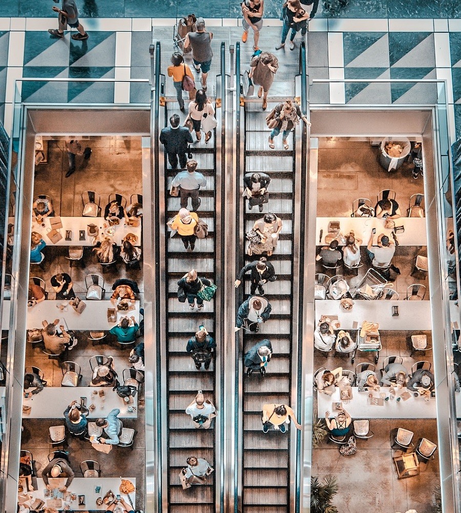 A top-down view of a busy food court