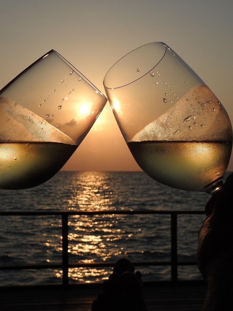 Two people are clinking their wine glasses by the rims