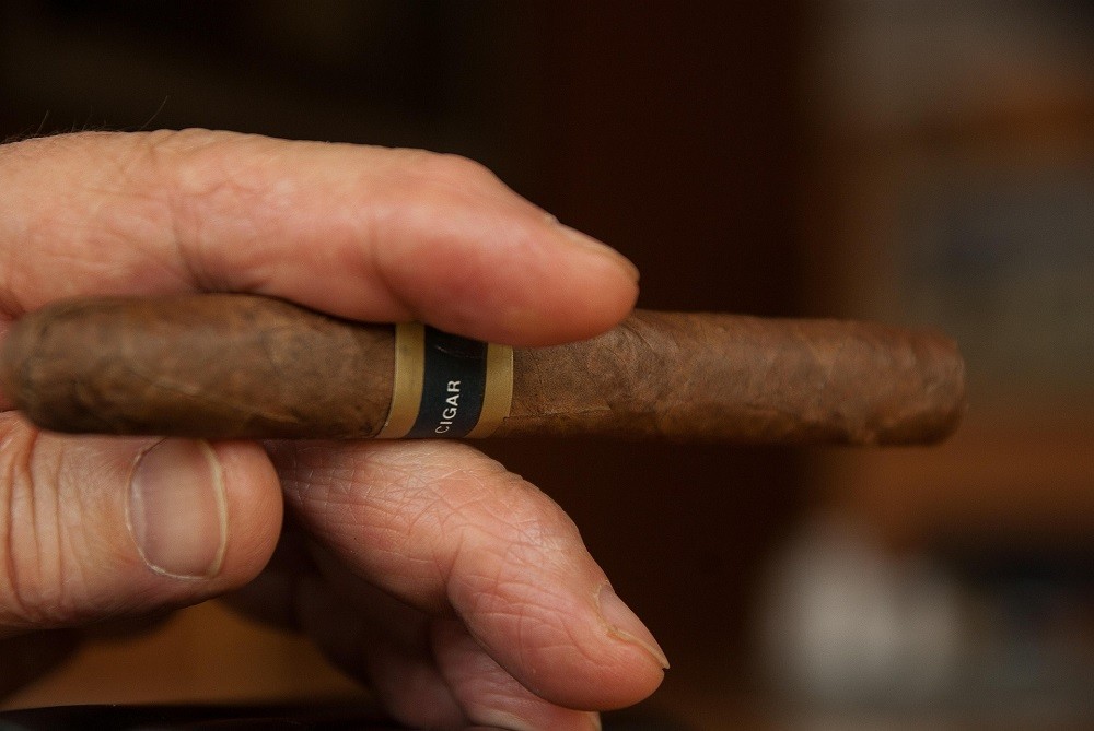 A man is holding a chocolate brown cigar in his hand