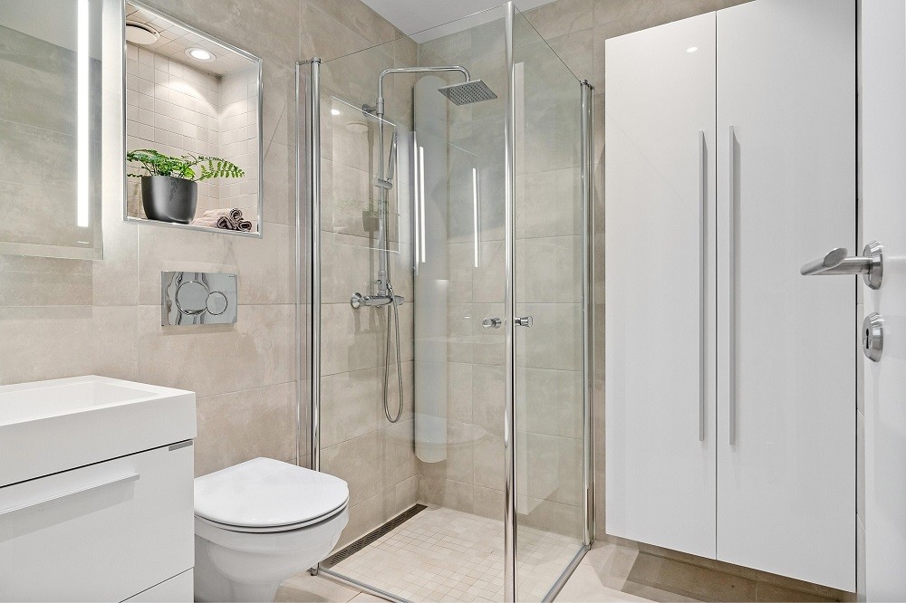 A bathroom in a residential dwelling shows a glass shower, toilet, and cupboards